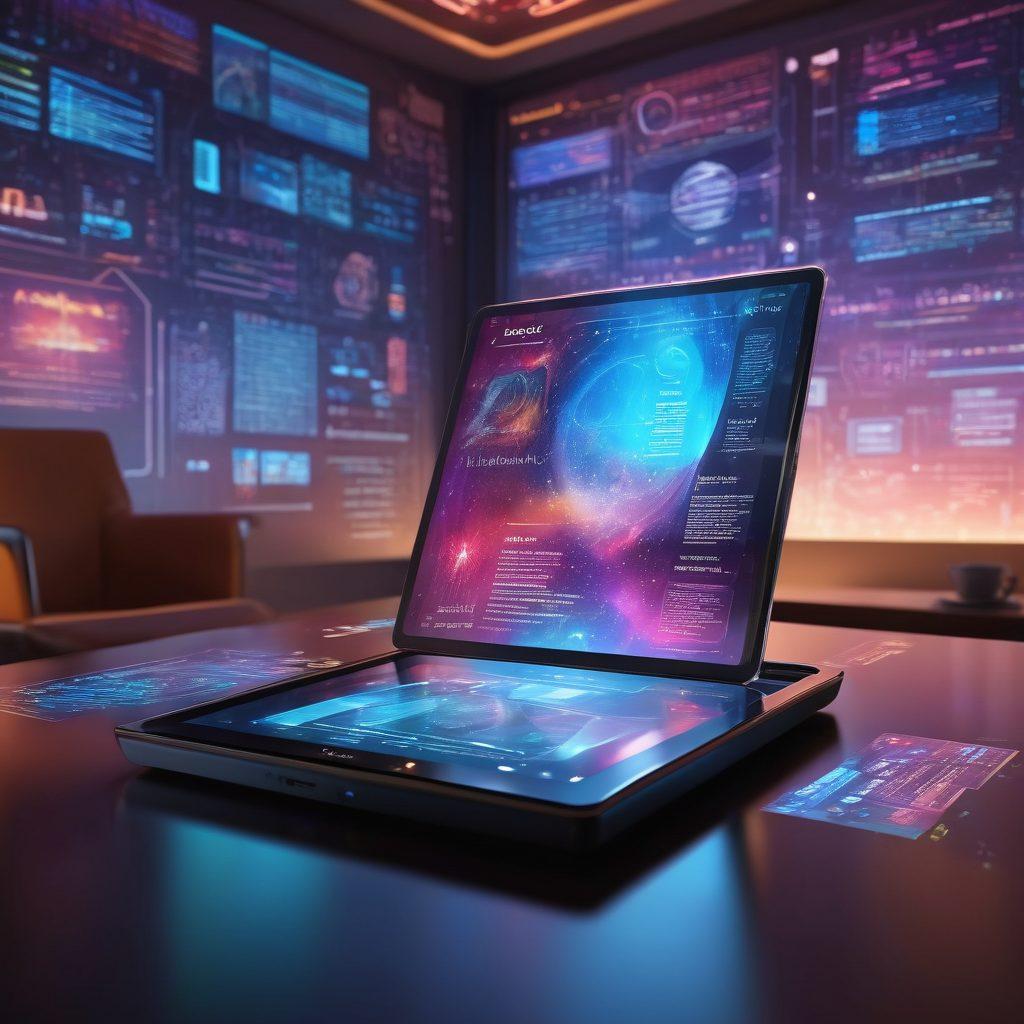 A futuristic digital reading interface showcasing a sleek tablet with news articles about Niburu, surrounded by holographic cultural symbols and trends emerging from the device, glowing softly in a dimly lit room. The background features abstract patterns representing data flow and connectivity. super-realistic. vibrant colors. 3D.