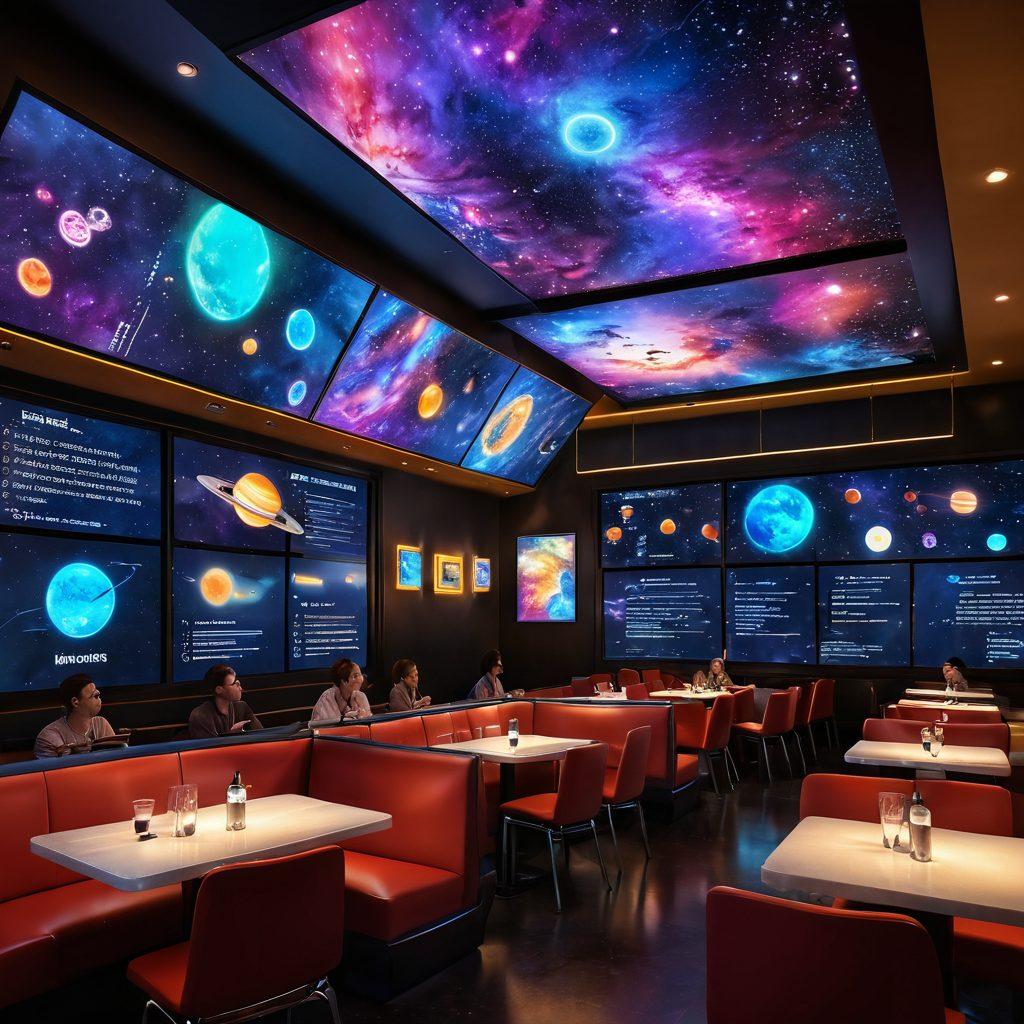 A vibrant, futuristic cafe setting where diverse individuals passionately engage in discussions about Niburu, surrounded by holographic displays of astronomical charts and colorful nebulae. Emphasize expressions of curiosity and enlightenment on their faces. Capture the essence of a lively intellectual atmosphere with warm lighting and comfortable seating. super-realistic. vibrant colors. 3D.
