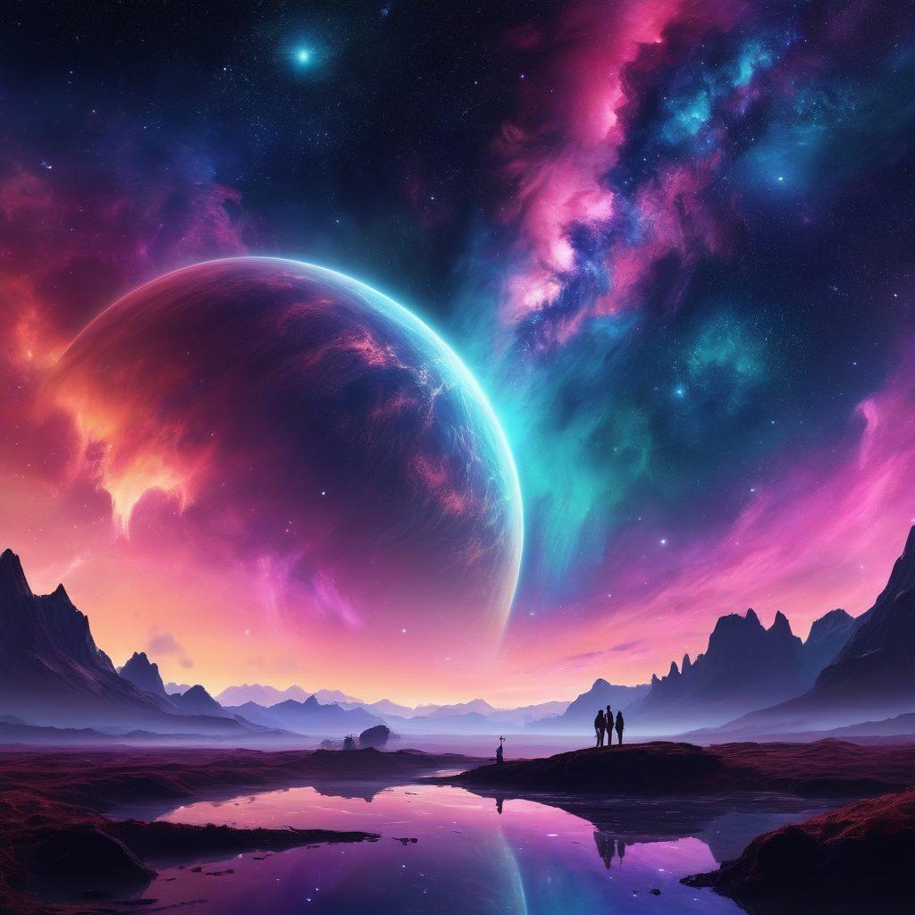 A stunning cosmic landscape showcasing the mysterious planet Niburu in the background, surrounded by a vibrant nebula and twinkling stars. In the foreground, diverse silhouettes of people engaged in animated discussions, exchanging ideas and insights, under a swirling aurora. The entire scene is filled with enchanting colors, creating an inviting atmosphere of community and exploration. digital art. vivid colors. space theme.